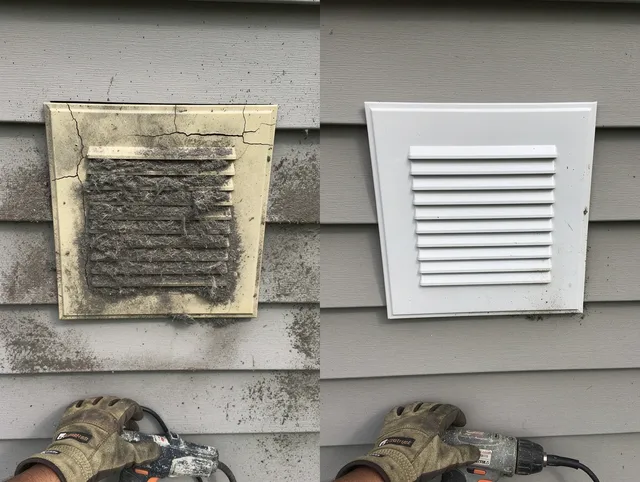 Westchester Dryer Vent Cleaning technician installing high-quality dryer vent cover at a residential property in Westchester